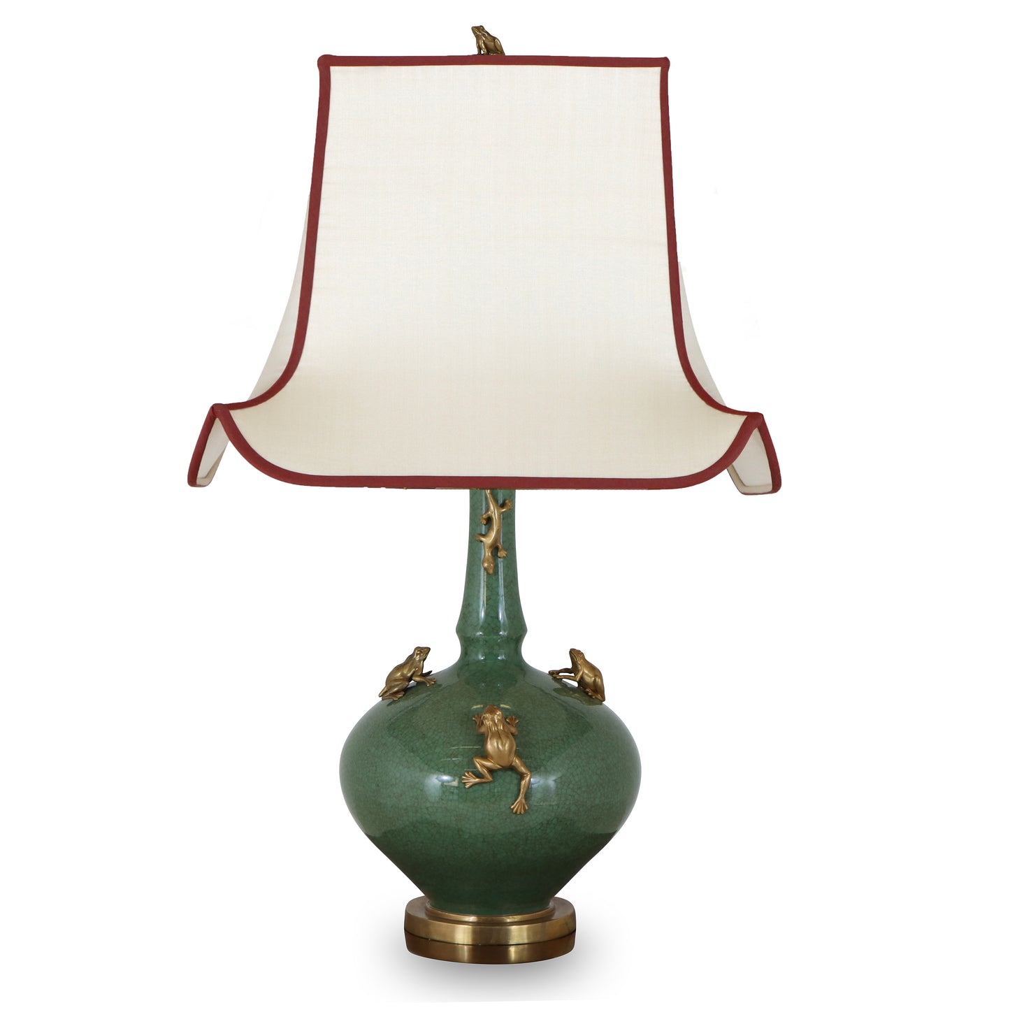 Green Porcelain Table Lamp with Brass Frogs and Red Trim