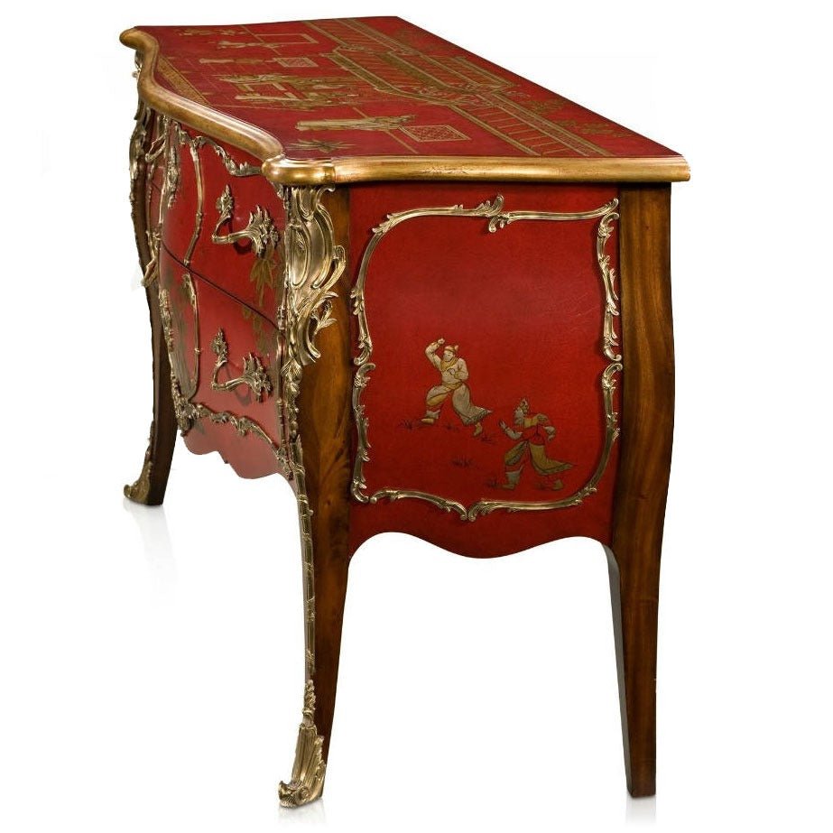A Chinoiserie Red Lacquer Serpentine Bombe Chest of Drawers - Brights of Nettlebed