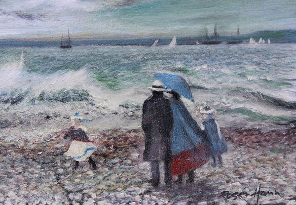 A family walk by crashing waves, original framed oil painting - Brights of Nettlebed