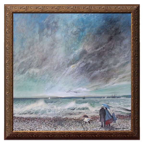 A family walk by crashing waves, original framed oil painting - Brights of Nettlebed