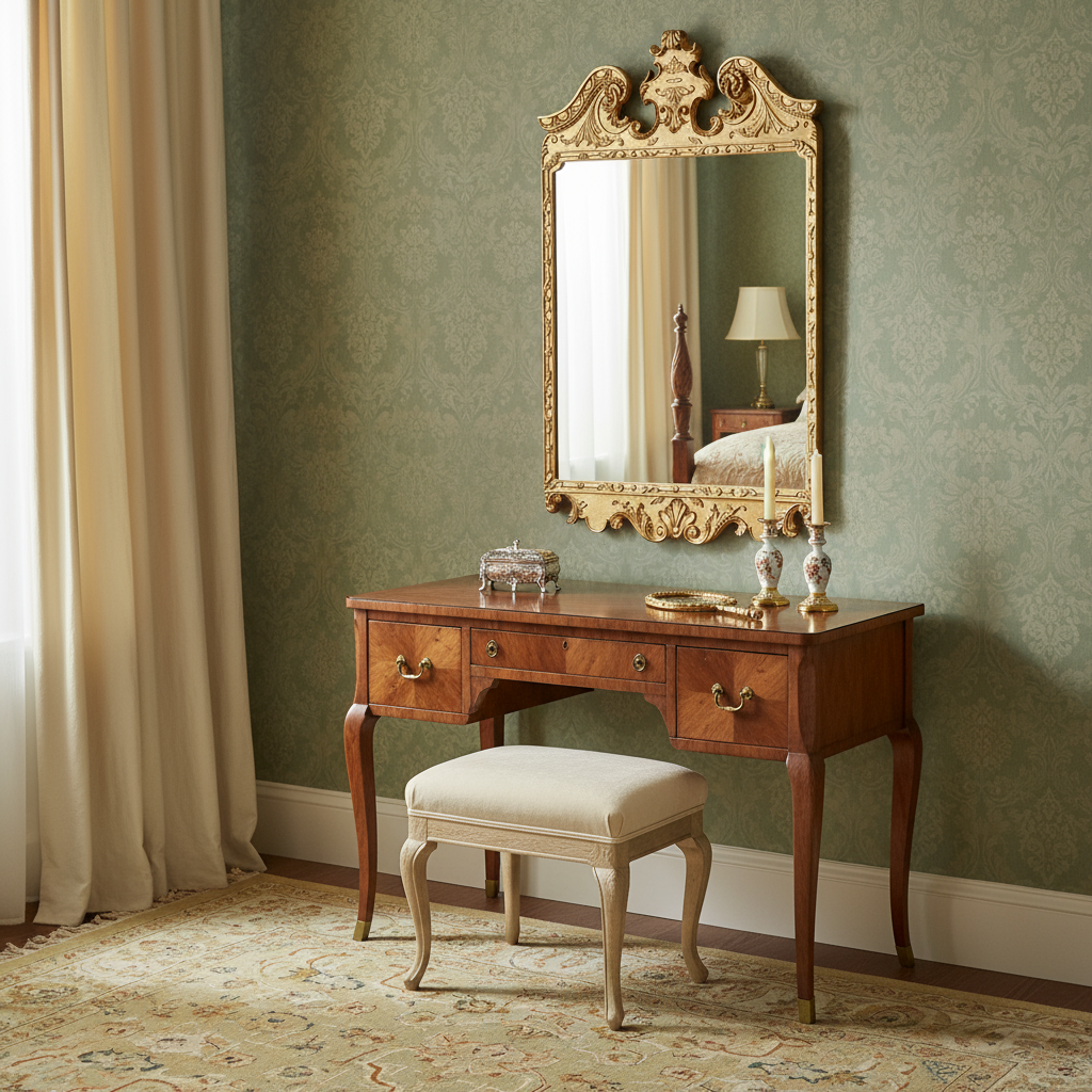 English Bedroom with Queen Anne Style Giltwood Mirror
