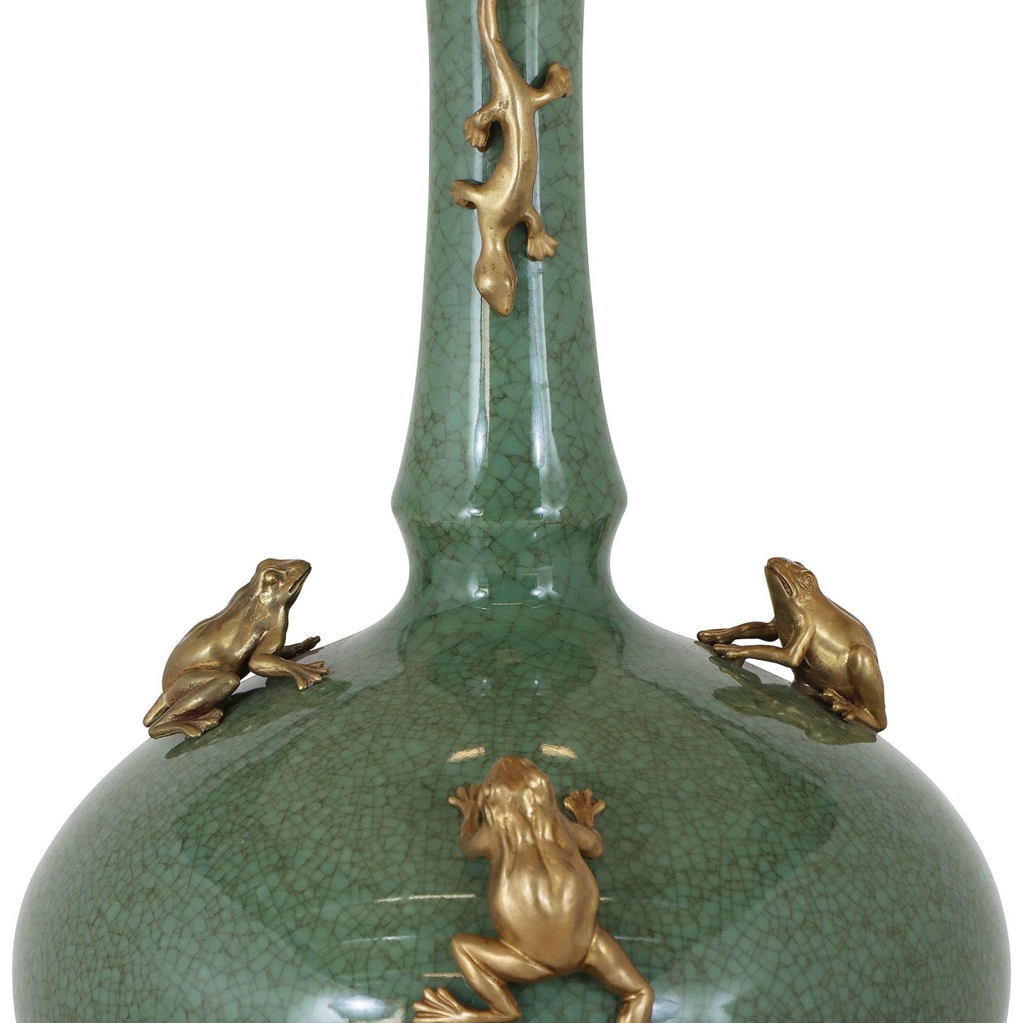 Green Porcelain Table Lamp with Brass Frogs