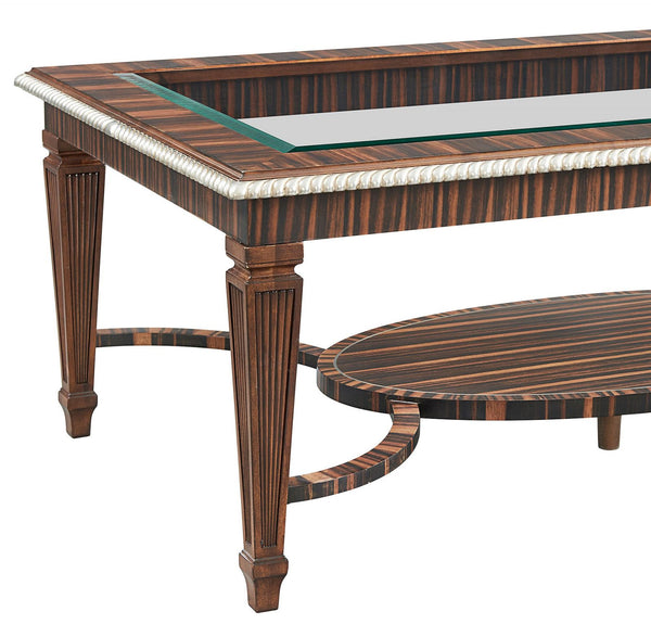 Neoclassical Ebony Coffee Table with Glass Top
