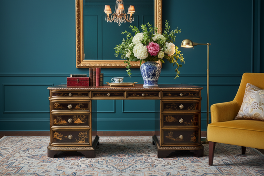 Chocolate Chinoiserie Hand Painted Pedestal Desk styled in a luxury British interior at Brights of Nettlebed