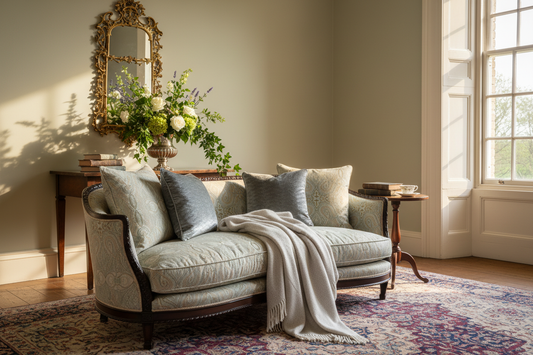RMS Mauretania Sofa and George III Giltwood Mirror in a luxury British country house drawing room - Brights of Nettlebed