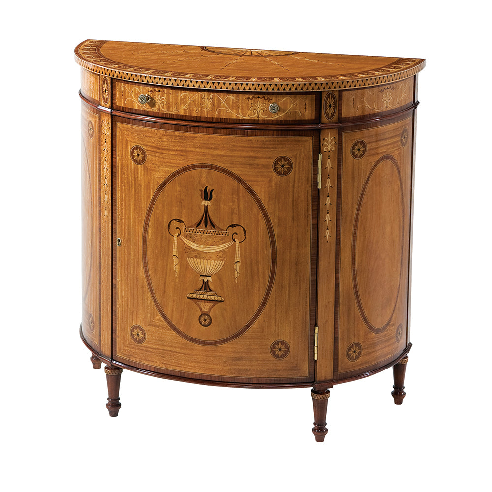 Marquetry inlaid demi lune side cabinet