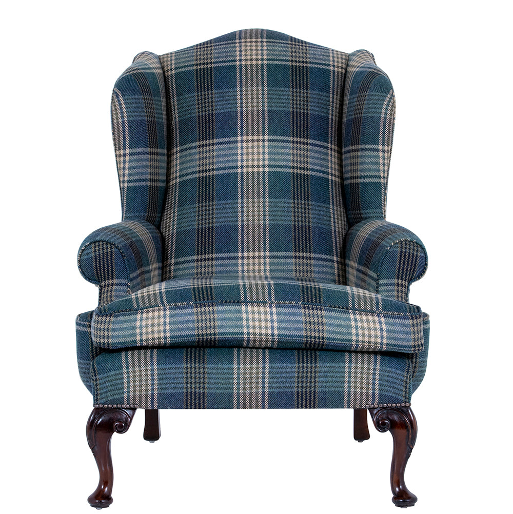 dark blue tartan fabric on brights of nettlebed chair 
