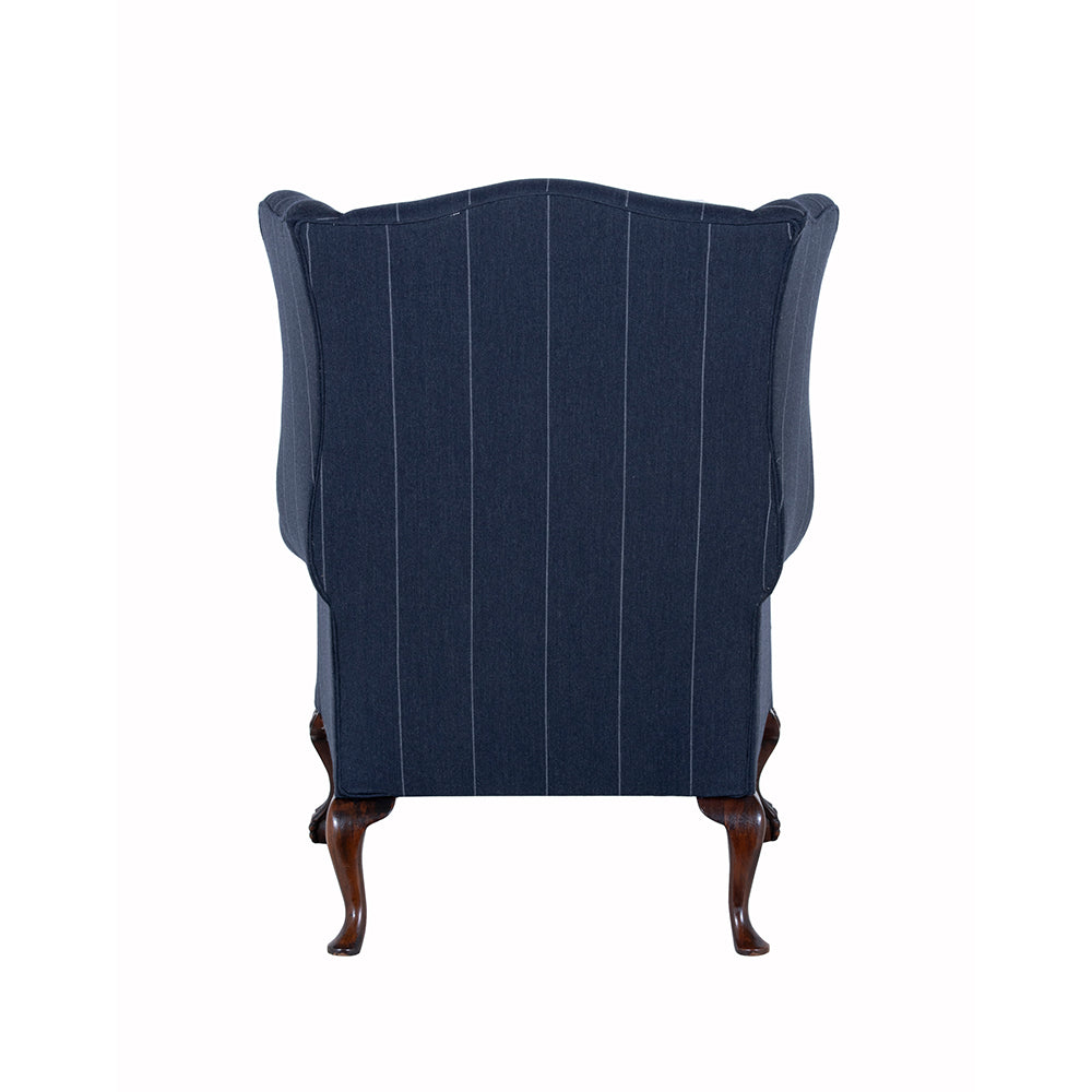back of wingchair with white pin stripe fabric