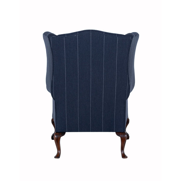 back of wingchair with white pin stripe fabric