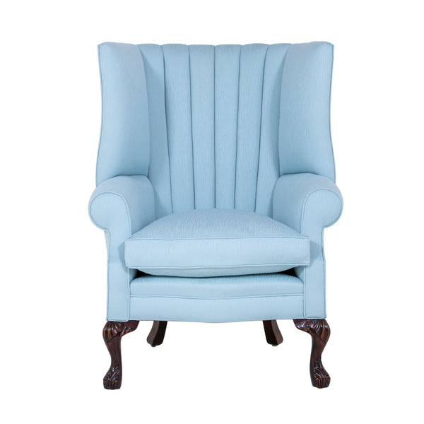 osbourne chair with fluting in a light blue fabric