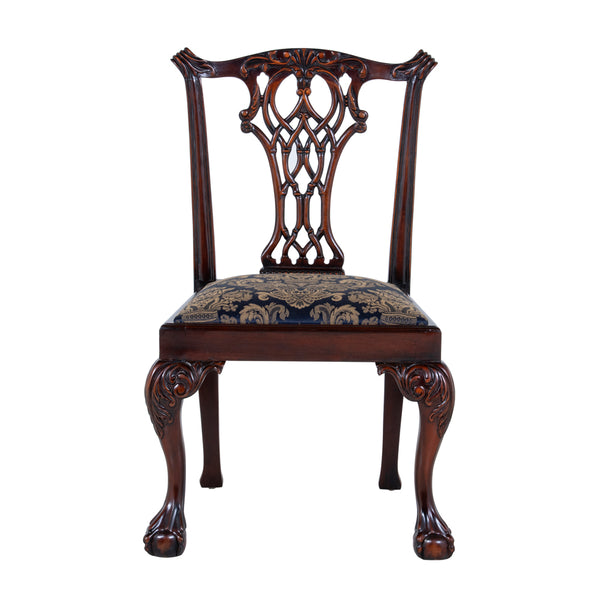 Set of 6 Chippendale Dining Chair Upholstered In Blue Damask