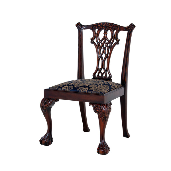 Set of 6 Chippendale Dining Chair Upholstered In Blue Damask