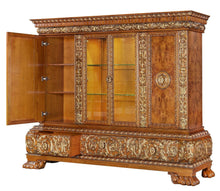 Decorative wooden cabinet with intricate carvings on a white background