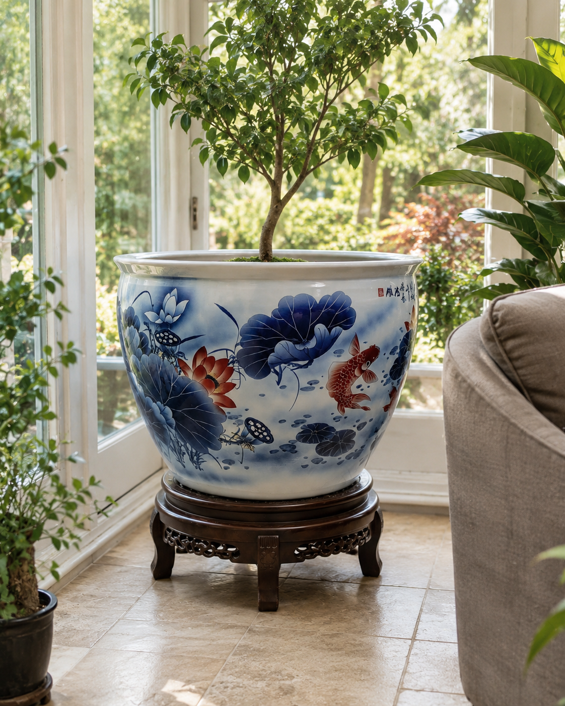 Blue & White Koi Fish Planter
