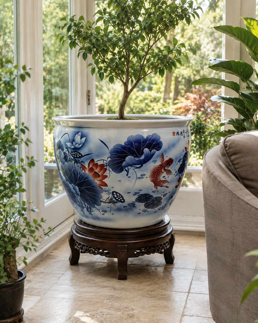 Blue & White Koi Fish Planter
