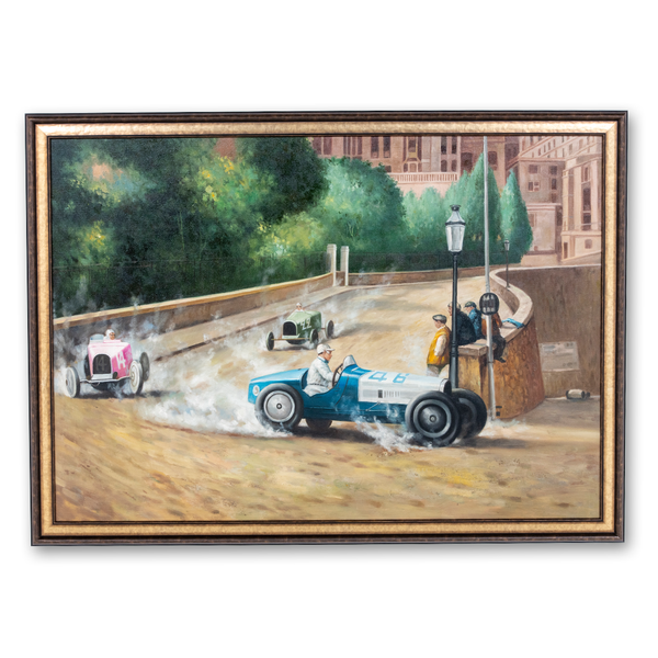 Framed Oil Painting of Bugatti Type 35s at Grand Prix de Monaco