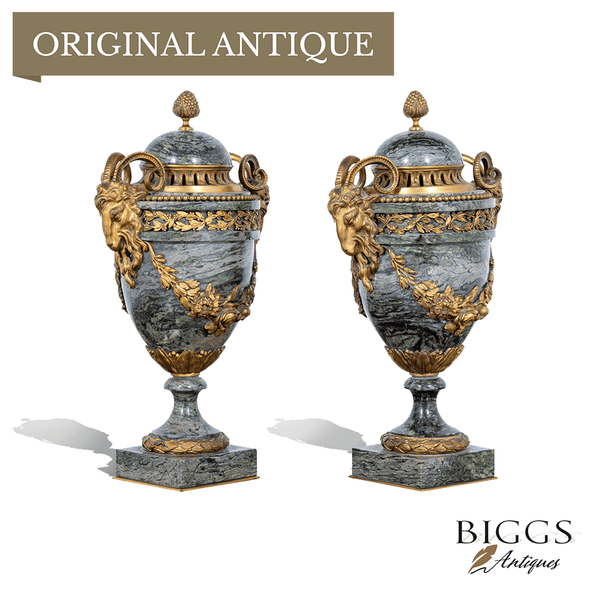 A PAIR OF FRENCH MAURIN GREEN MARBLE AND ORMOLU MOUNTED URNS AND COVERS - Brights of Nettlebed