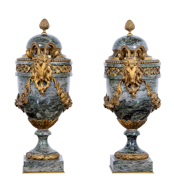A PAIR OF FRENCH MAURIN GREEN MARBLE AND ORMOLU MOUNTED URNS AND COVERS - Brights of Nettlebed