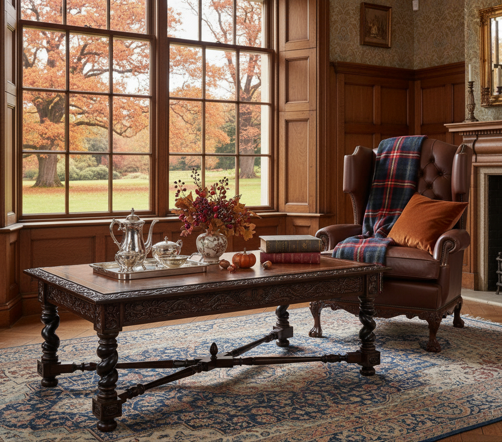 English Autumn Banner with Dryden Wingchair and Captains Coffee Table