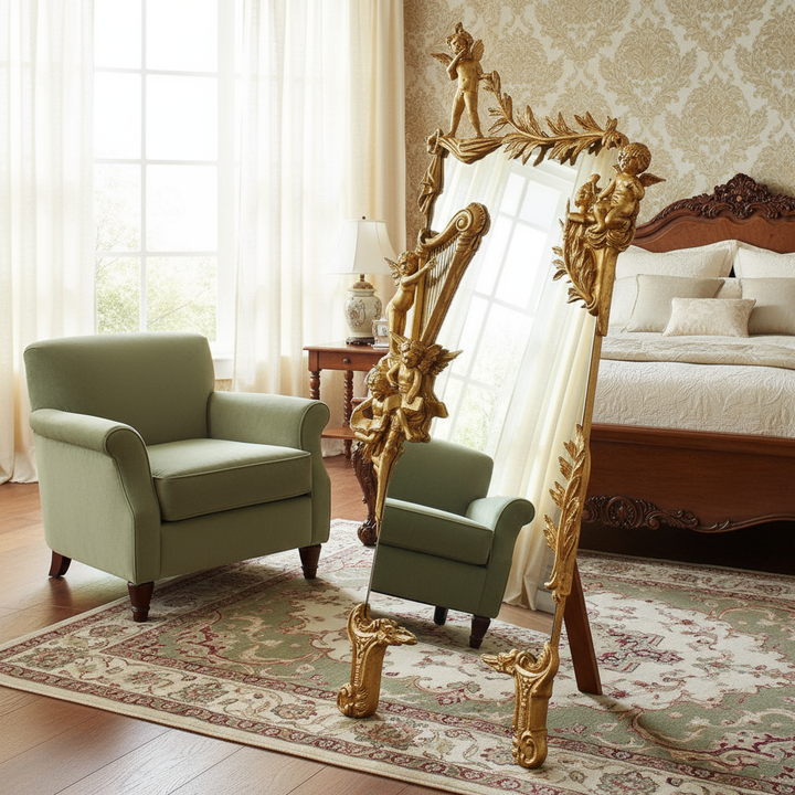 English Bedroom with Cherub Cheval Mirror - Single Stand