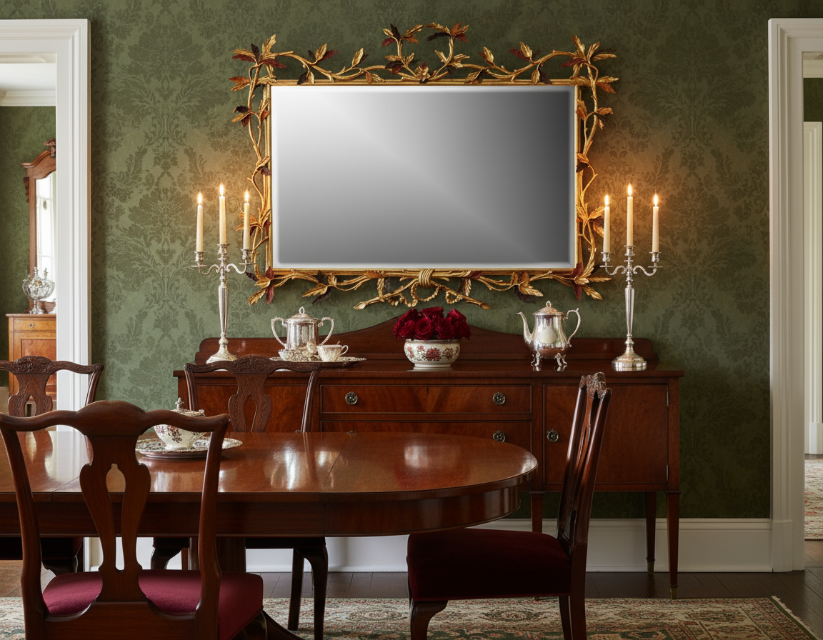 English Dining Room with Chippendale Landscape Mirror