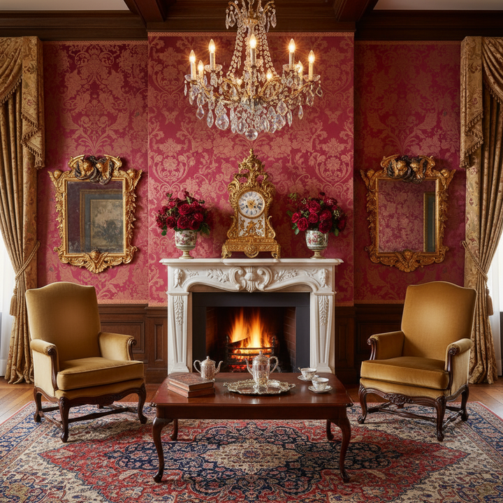 English Drawing Room with Pair of Baroque Mirrors