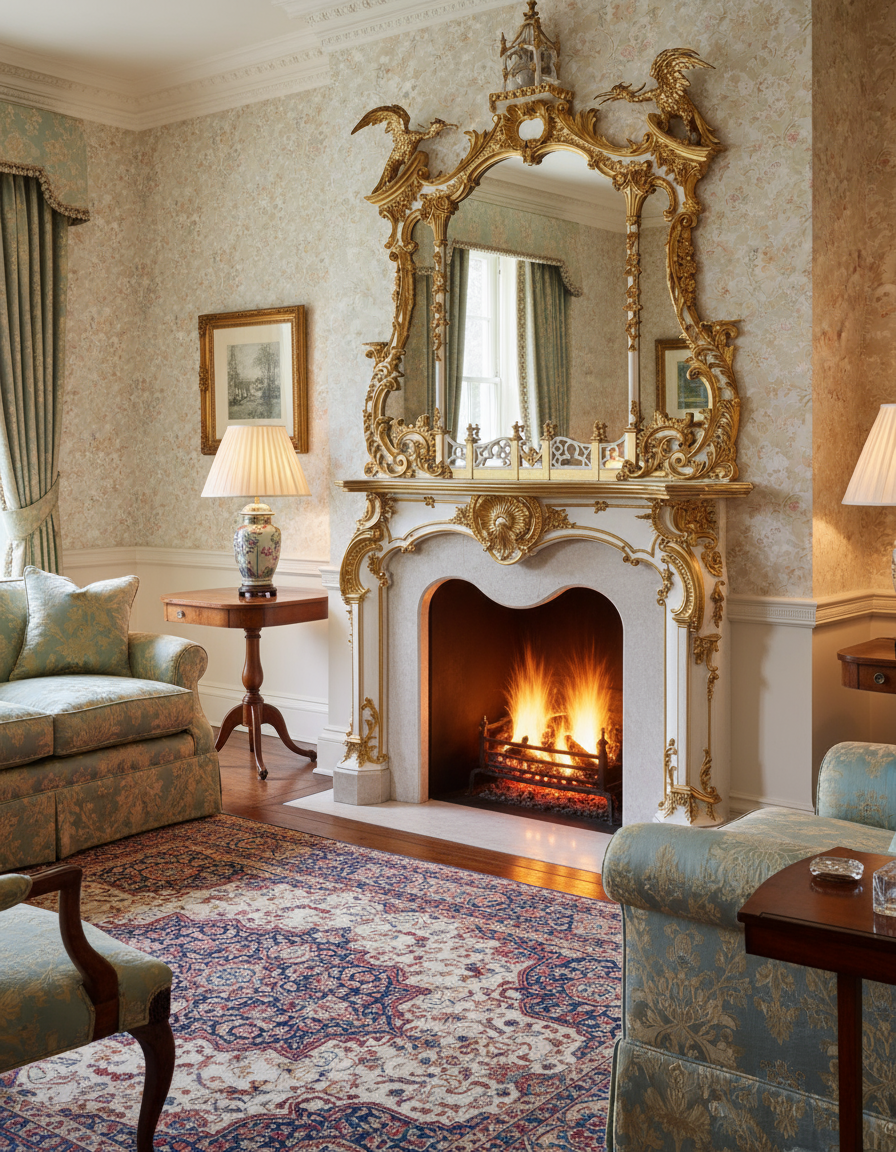 Georgian Sitting Room with Chippendale Fireplace - Clean Mantel