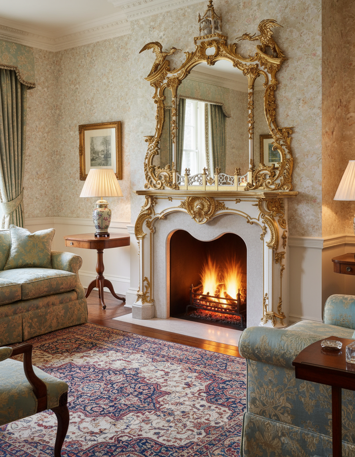 Georgian Sitting Room with Chippendale Fireplace - Clean Mantel