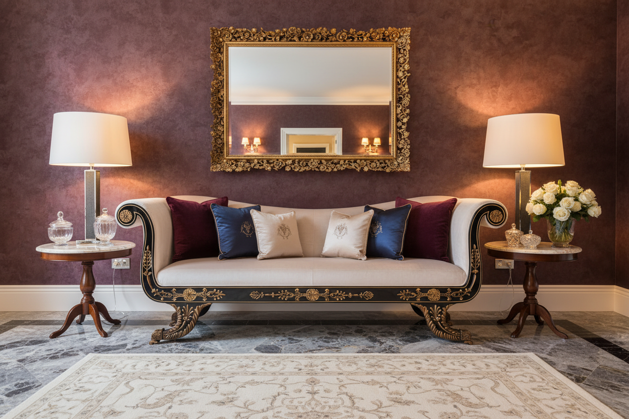 Luxurious living room with the Astana sofa, mirror, and lamps.