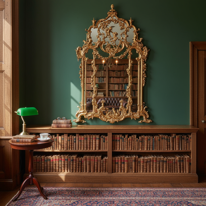Realistic English Library with Thomas Johnson Mirror