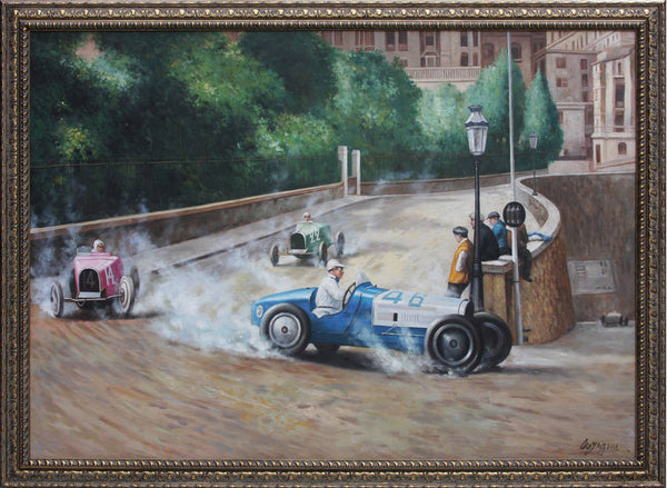 Framed Oil Painting of Bugatti Type 35s at Grand Prix de Monaco