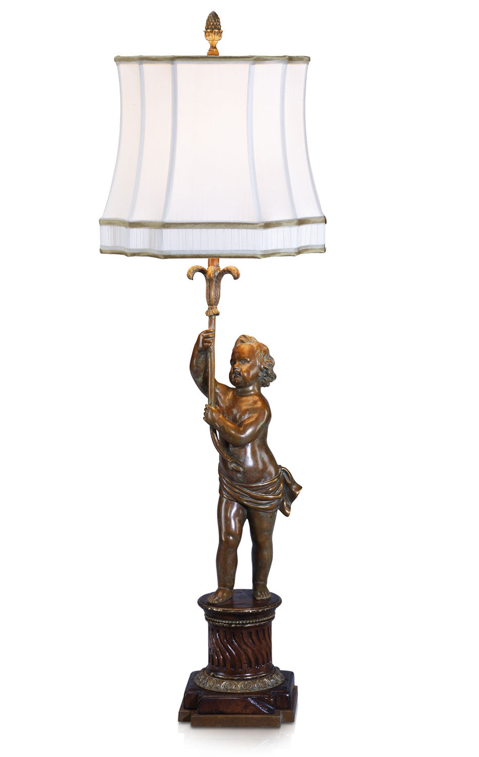 An antiqued brass table lamp