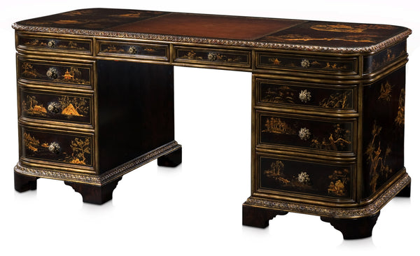 Chocolate Chinoiserie Hand Painted Pedestal Desk