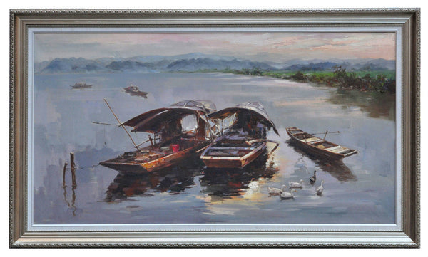 Boats on quiet river, original oil painting