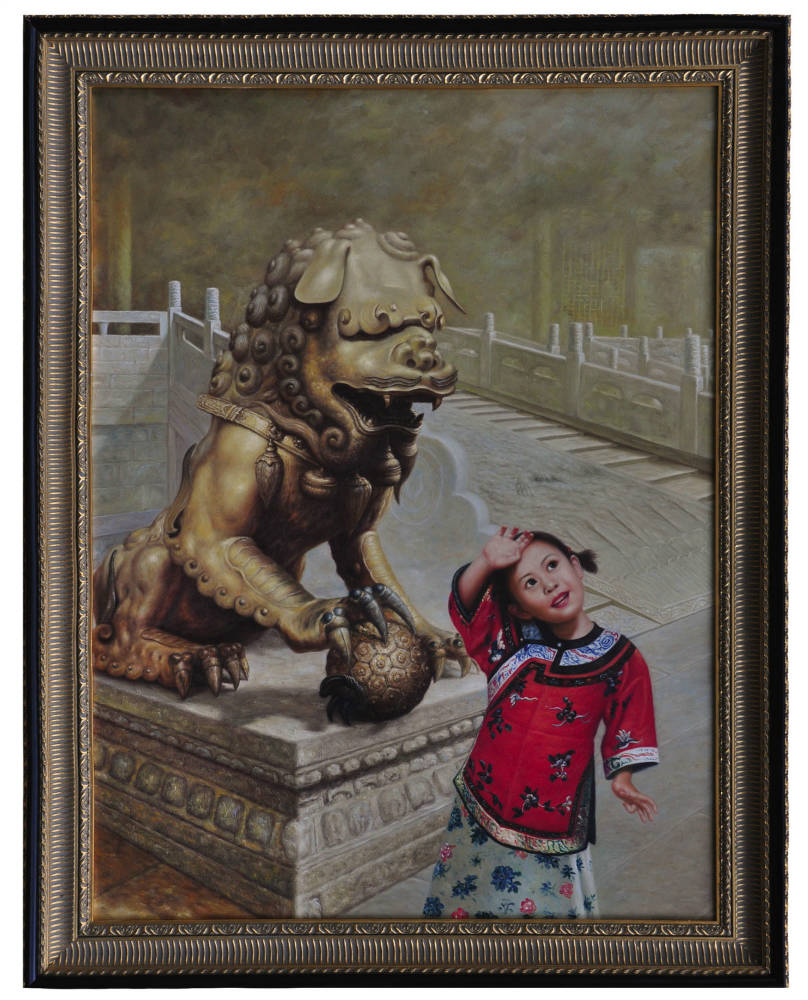 Young Chinese girl with dragon at temple, oil painting