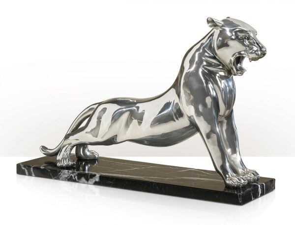 stainless steel sculpture of a roaring panther