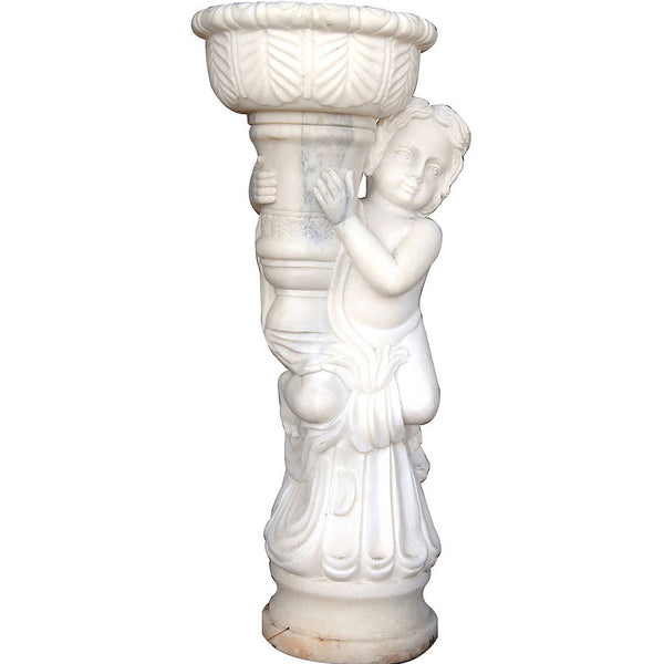 White marble cherub statue holding a planter