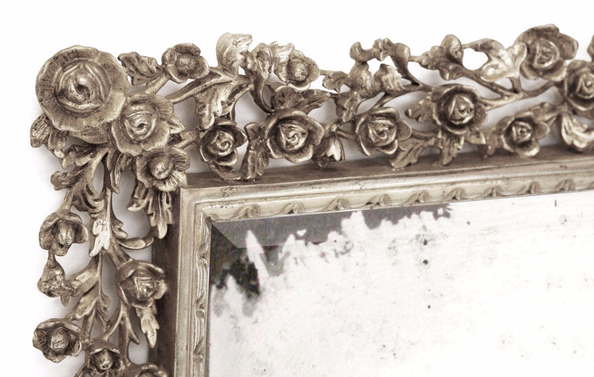Antiqued Elegance: Hand-Carved White Gold Mirror