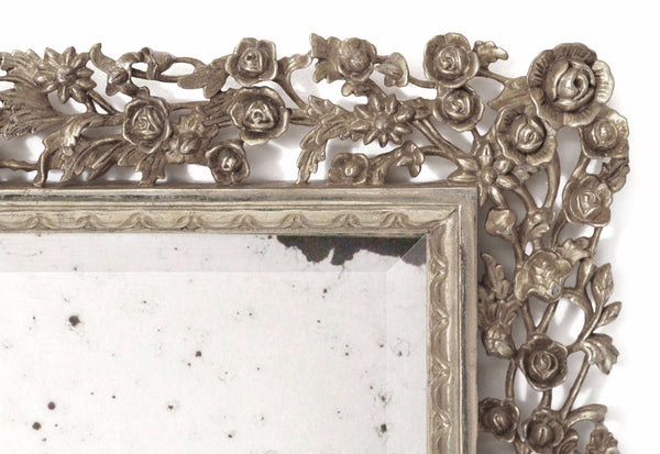 Antiqued Elegance: Hand-Carved White Gold Mirror
