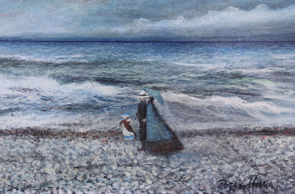 Early morning stroll on a pebble beach, original painting by British artist Roger Hann