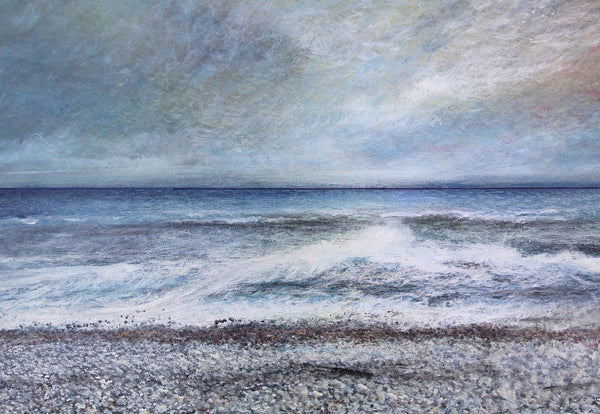 Early morning stroll on a pebble beach, original painting by British artist Roger Hann