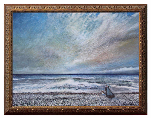 Early morning stroll on a pebble beach, original painting by British artist Roger Hann