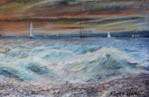 Boats returning at sunset, original painting by British artist Roger Hann