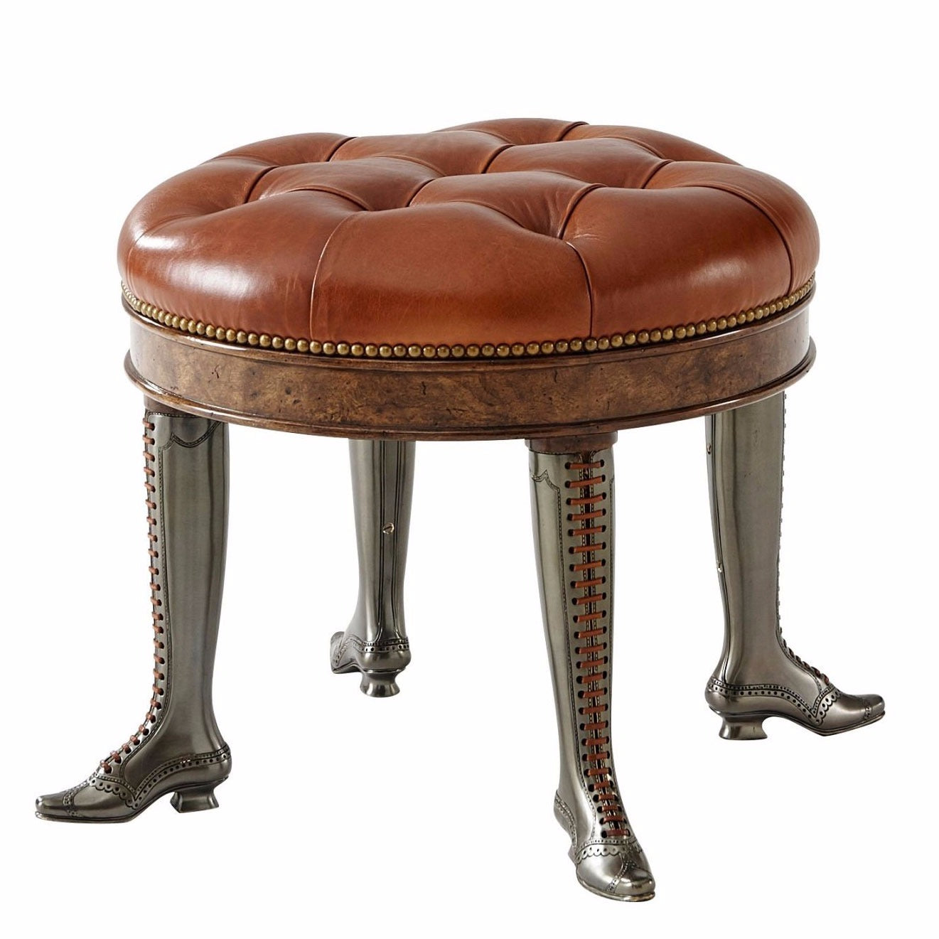 Upholstered Circular Stool with Laced Boot Legs