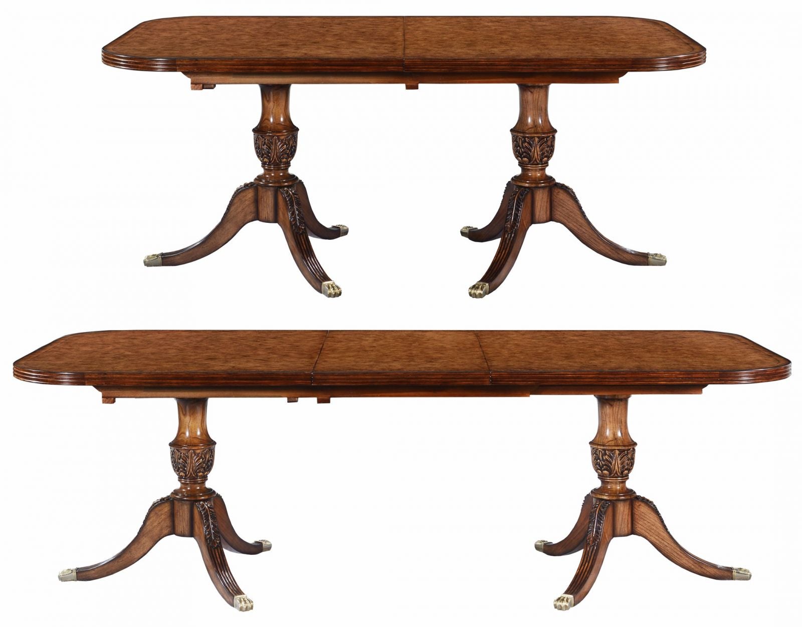 Twin pedestal extending dining table in burr oak