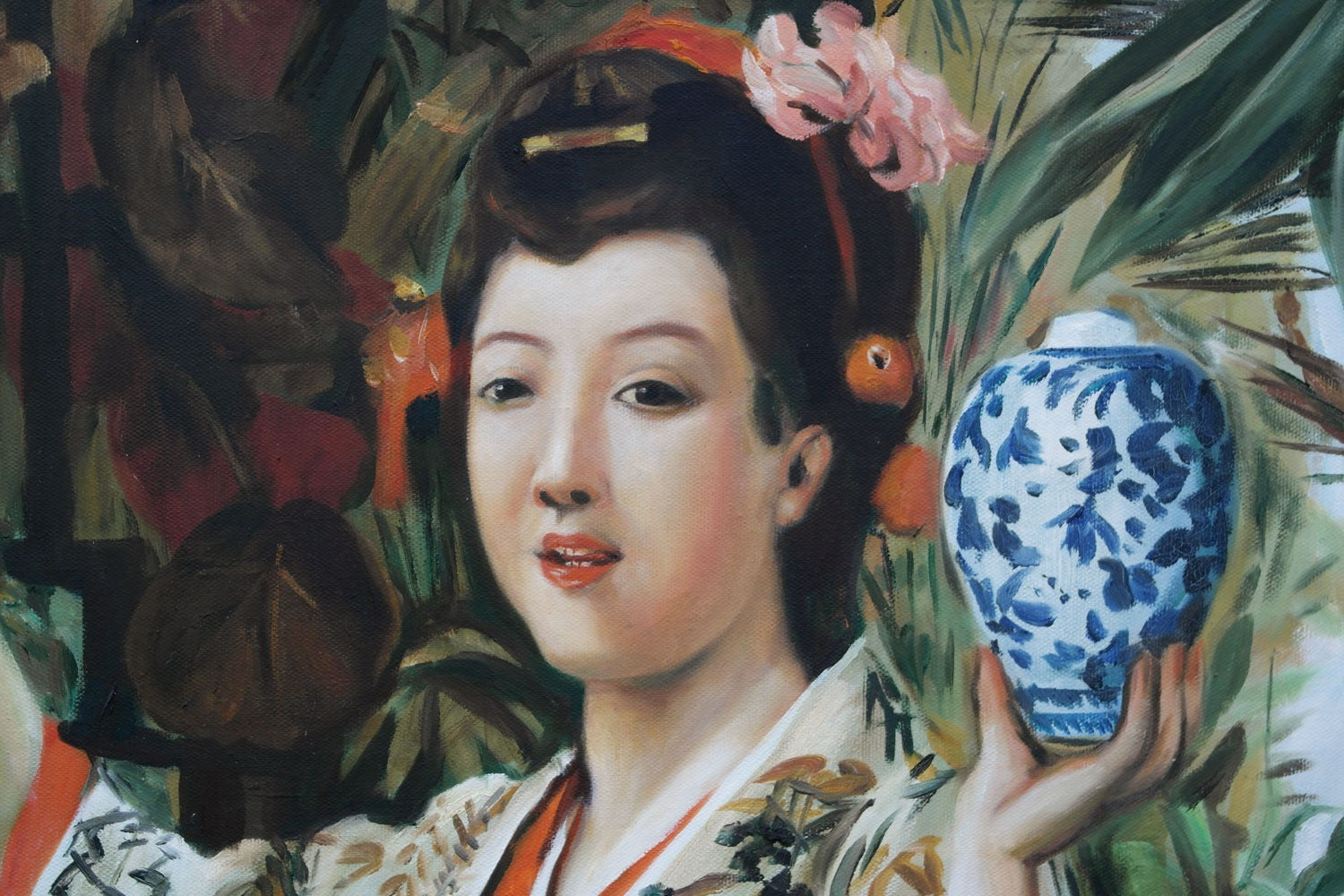 Young Lady Holding Japanese Objects in style of James Tissot