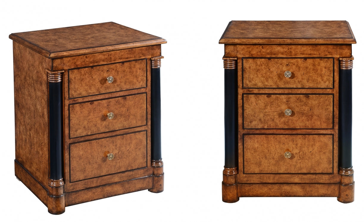 Empire bedside chest of drawers - burr oak with black columns
