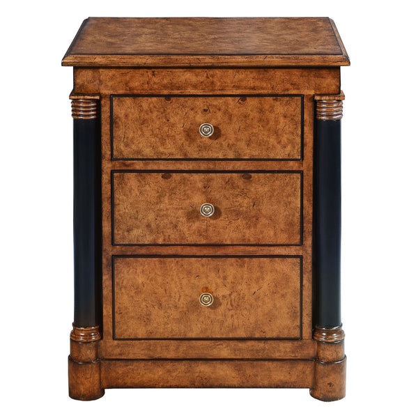 Empire bedside chest of drawers - burr oak with black columns