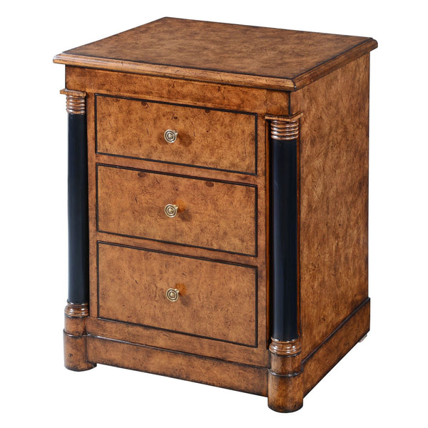 Empire bedside chest of drawers - burr oak with black columns