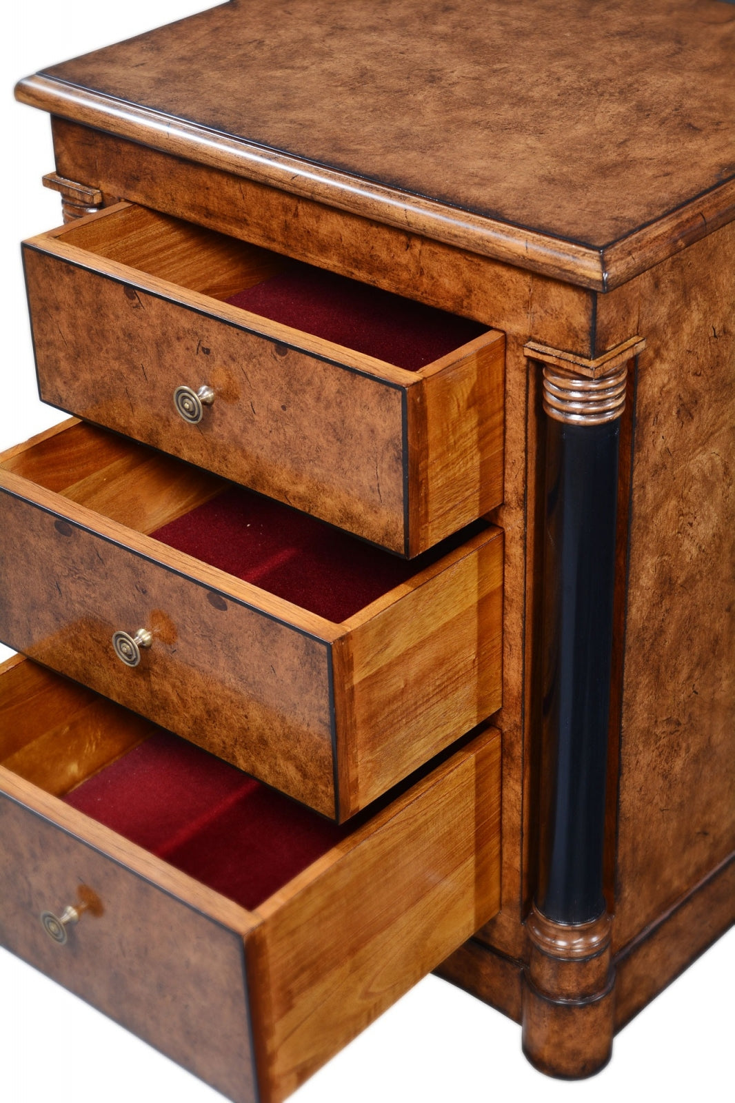 Empire bedside chest of drawers burr oak with black columns
